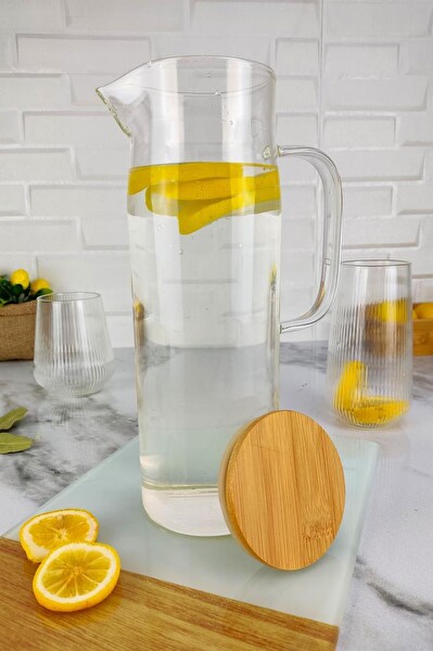 DigitHome Bambu Kapaklı Buzdolabı Kapak Rafı Uyumlu Borosilikat İnce Cam Sürahi 1.5 L – 097KX90086 C320.003