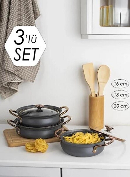 OMS 3724 3'lü Granit Bakraç Sahan Set Antrasit 16-18-20 CM