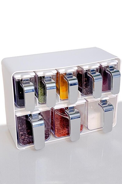 Herevin Sekizli Standlı Baharatlık Seti Krom Kulplu Beyaz Kapak – 161280-818