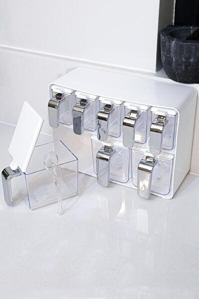 Herevin Sekizli Standlı Baharatlık Seti Krom Kulplu Beyaz Kapak – 161280-818