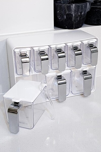 Herevin Sekizli Standlı Baharatlık Seti Krom Kulplu Beyaz Kapak – 161280-818