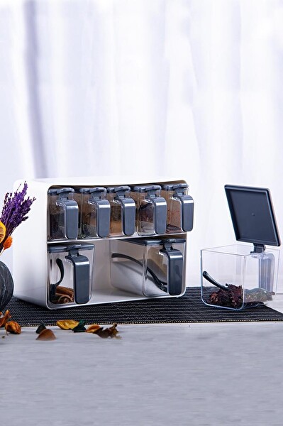 Herevin Sekizli Standlı Baharatlık Seti Gri Beyaz - 161280-815