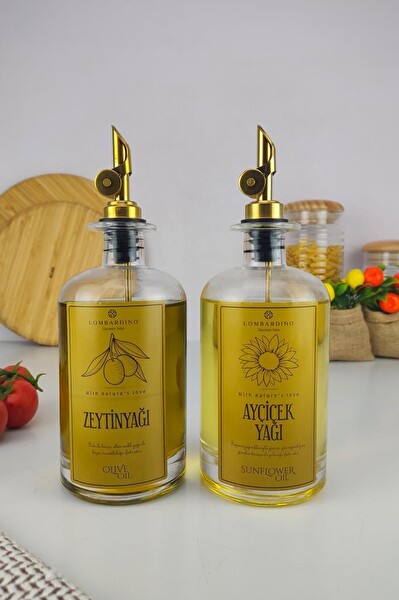 DigitHome Lombardino 2'li Cam Zeytinyağı ve Sıvıyağ Şişesi Otomatik Kapaklı Gold Etiketli Yağdanlık 500 Ml C1-1-289