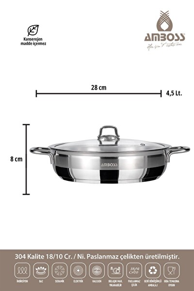 Amboss Saphire Cam Kapaklı 28 CM Basık Tencere SAP-4387