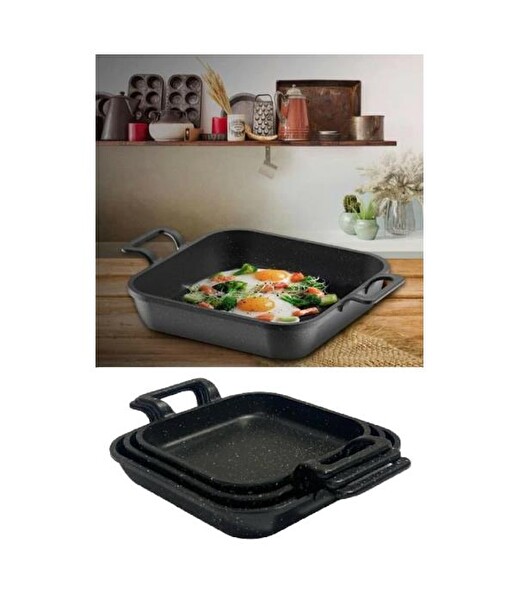 Eda Asya Döküm Granit 3'lü Kapaksız Kare Sahan Seti 20-22-24 CM
