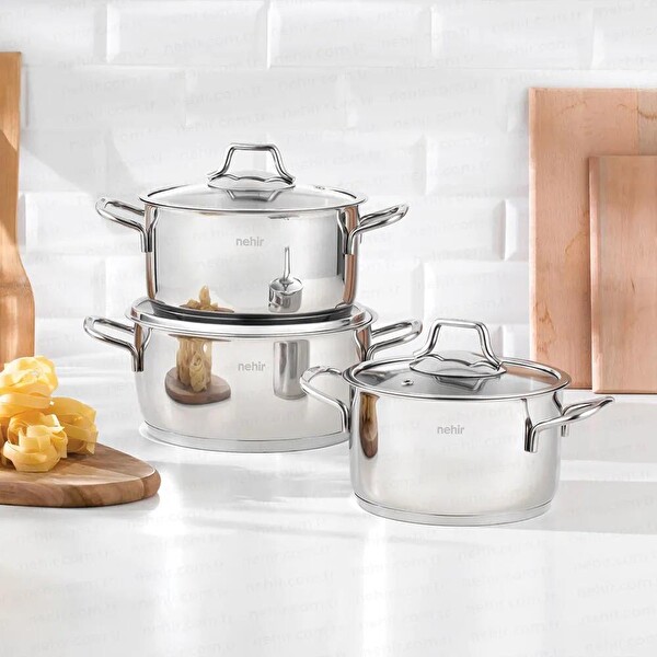 Nehir Silver Klasik 6 Parça Derin Çelik Tencere Seti