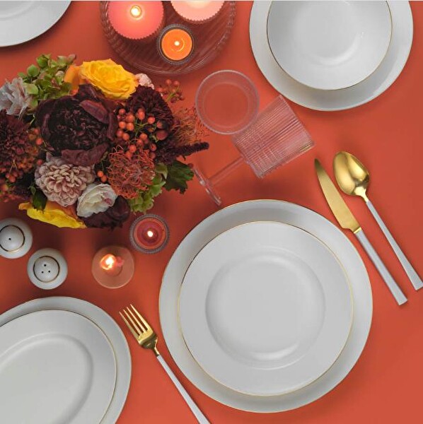 Kütahya Porselen İnci Bone Kalipso 53 Parça 12 Kişilik Yemek Takımı Altın File