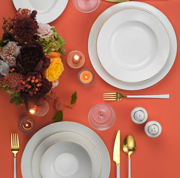 Kütahya Porselen İnci Bone Kalipso 53 Parça 12 Kişilik Yemek Takımı Altın File