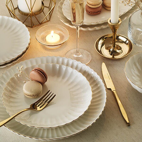 Kütahya Porselen Bone Luz-Form 52 Parça Yemek Takımı Altın File
