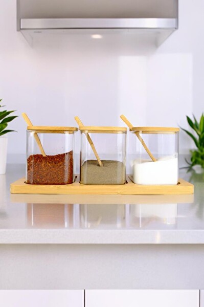 DigitHome 3'lü Borosilikat İnce Cam ve Ahşap Standlı Baharatlık Kavanoz Takımı Seti Kahverengi – F/3 C1-1-289