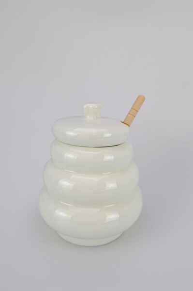 Acar Pamira Ahşap Kaşıklı Porselen Bal Kavanozu - YAM-06128