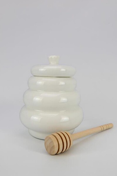 Acar Pamira Ahşap Kaşıklı Porselen Bal Kavanozu - YAM-06128