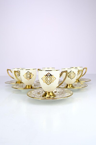 DigitHome Milano 6 Kişilik 12 Parça Porselen Kahve Fincan Takımı Gold Yaldızlı Krem - VOGUE-113 C320.042