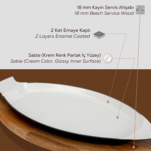Lava Döküm Balık Tabağı Döküm Demir Yekpare Kulplu Kayın Servis Ahşabı 20x32 CM Sable Mavi LV BT 2032 T8 SB K4 B