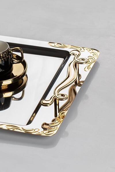 Nehir 2'li Lalezar Altın Paslanmaz Çelik Çay Kahve Servis Tepsisi