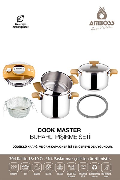 Amboss Cook Master 7 Parça Çok Fonksiyonlu Paslanmaz Çelik Buharlı Düdüklü Tencere Seti