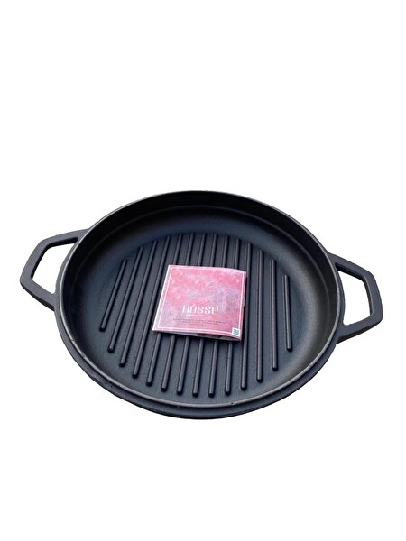 Hosse 28 CM Yuvarlak Demir Döküm Grill Tava Çift Kulplu Siyah
