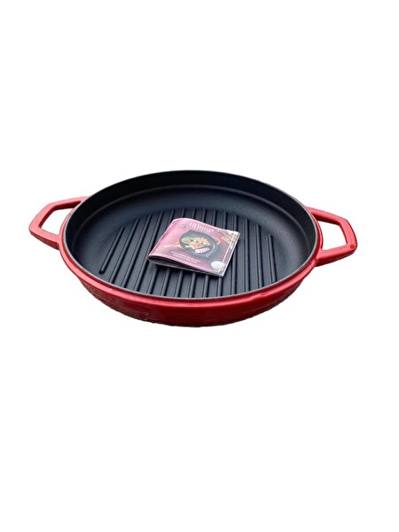 Hosse 28 CM Yuvarlak Demir Döküm Grill Tava Çift Kulplu Kırmızı