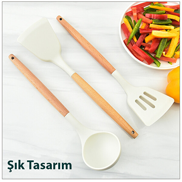 Ezere 11 Parça Silikon Uçlu Ahşap Saplı Mutfak Seti ve Saklama Kutusu Krem