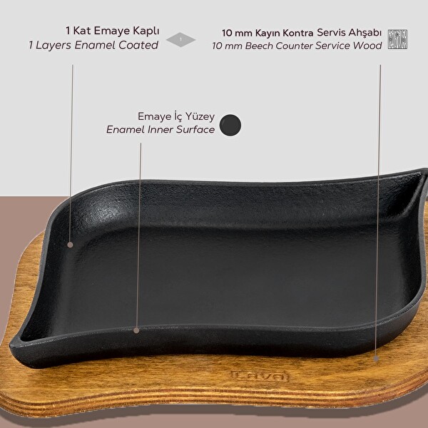 Lava Döküm 13x19 CM Dikdörtgen Servis Tabağı ve Ahşap Altlığı LV HRC 067 AH 067 PL