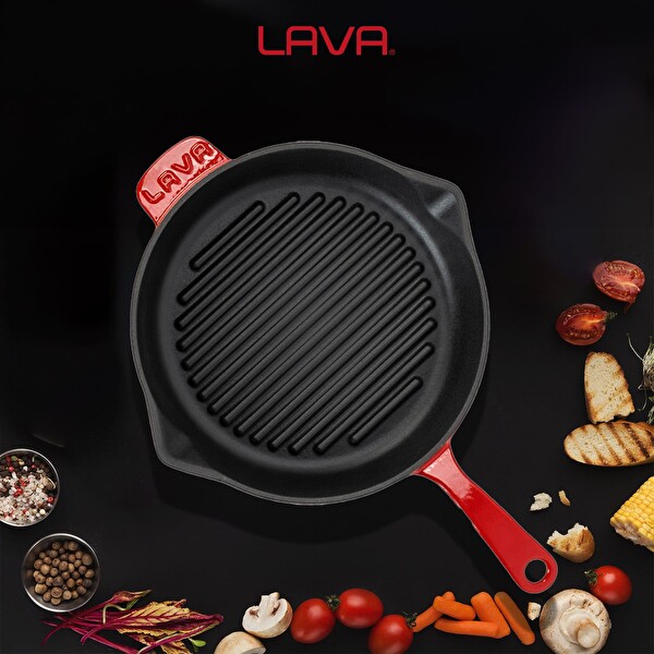 Lava Döküm Demir Yekpare Saplı 28 CM Kırmızı Yuvarlak Izgara Tava LV Y GT 28 K0 R