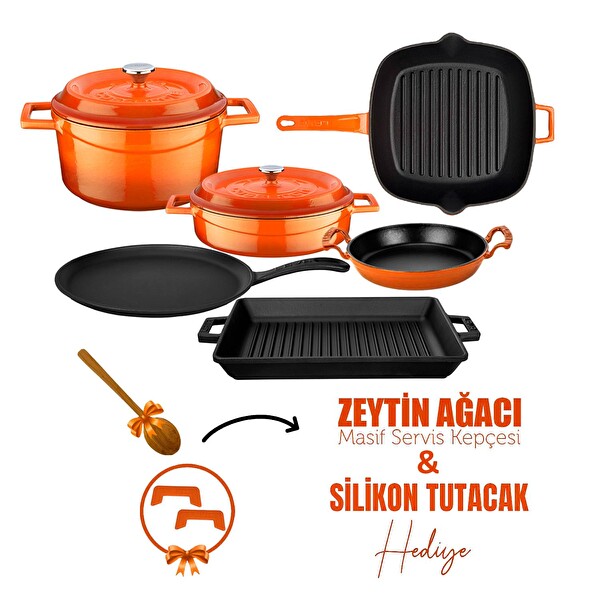 Lava Döküm 6x Trendy Serisi 8 Parça Tencere ve Tava Seti Turuncu LV S ET K52 O