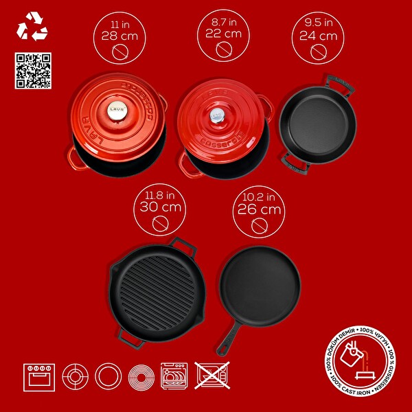Lava Döküm 5x Trendy Serisi 8 Parça Tencere ve Tava Seti Kırmızı LV S ET K55 R