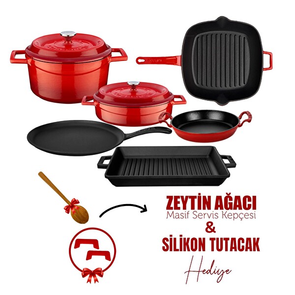 Lava Döküm 6x Trendy Serisi 8 Parça Tencere ve Tava Seti Kırmızı LV S ET K52 R