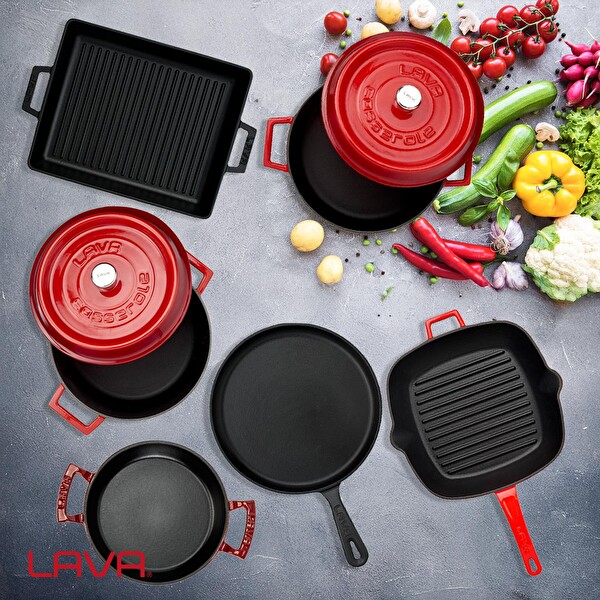 Lava Döküm 6x Trendy Serisi 8 Parça Tencere ve Tava Seti Kırmızı LV S ET K52 R