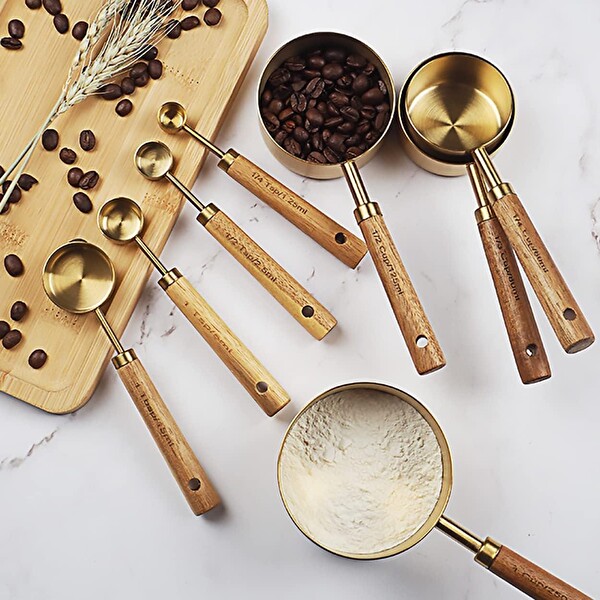 Valkyrie 8 Adet Paslanmaz Çelik Ahşap Saplı Ölçü Kaşığı Seti