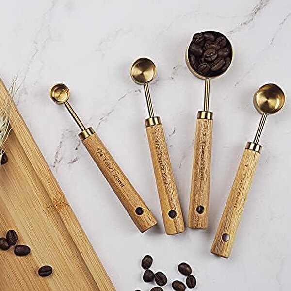 Valkyrie 4 Adet Paslanmaz Çelik Ahşap Saplı Ölçü Kaşığı Seti Ölçü Kabı 15 ML 5 ML 2.5 ML 1.25 ML