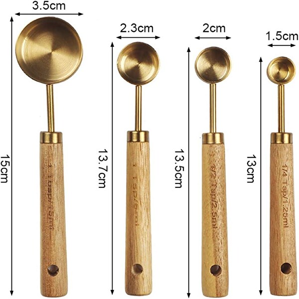 Valkyrie 4 Adet Paslanmaz Çelik Ahşap Saplı Ölçü Kaşığı Seti Ölçü Kabı 15 ML 5 ML 2.5 ML 1.25 ML