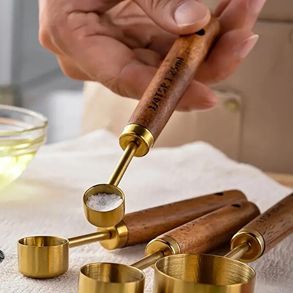 Valkyrie 4 Adet Paslanmaz Çelik Ahşap Saplı Ölçü Kaşığı Seti Ölçü Kabı 15 ML 5 ML 2.5 ML 1.25 ML