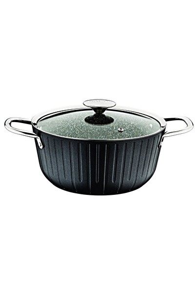 OMS Colonna -3118 - 2 Parça Cam Kapaklı 20x10 CM 2.5 L Bio Granit Derin Tencere Siyah Gövde