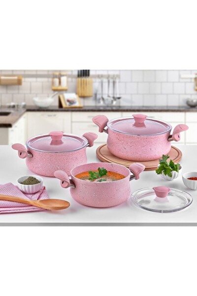 OMS 3027 6 Parça Biogranit Ergonomik Güveç Seti Pembe Gövde - Pembe Detay