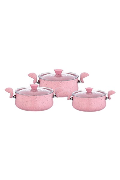 OMS 3027 6 Parça Biogranit Ergonomik Güveç Seti Pembe Gövde - Pembe Detay