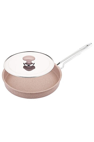 OMS 3222 2 Parça Bio Granit Metal Kapak Balık Tavası 28x4 CM 2.0 LT Sütlü Kahve Gövde Platin Sap