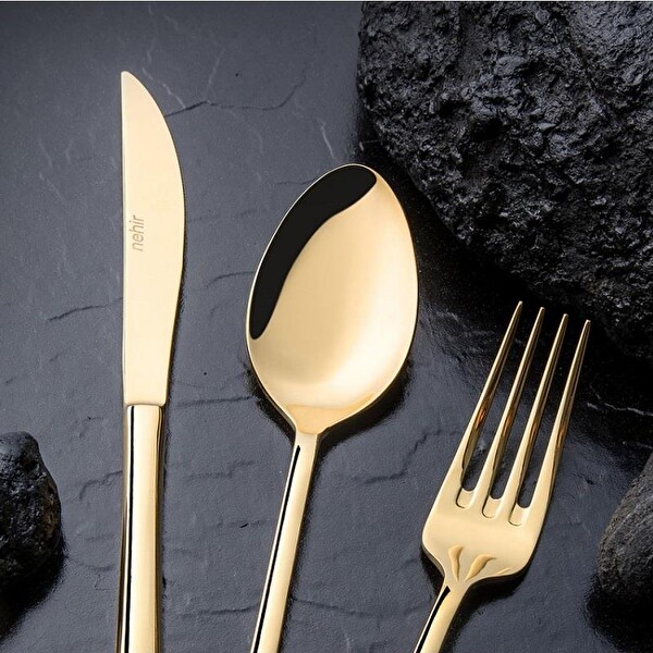 Nehir Akasya Full Altın Parlak 84 Parça Deri Kutulu Çatal Bıçak Set