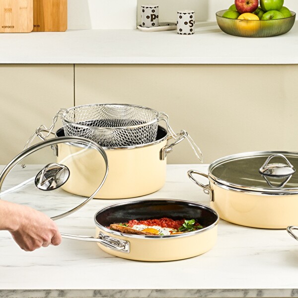 Karaca Erva Emaye İndüksiyon Tabanlı 14 Parça Krem Tencere Çeyiz Seti