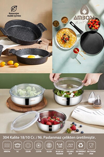 Amboss 9 Parça Siesta Paslanmaz Çelik Saklama Kabı Sahan Set - Krep Tava