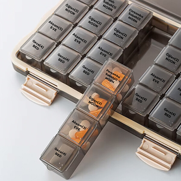 Ezere Haftalık İlaç Kutusu 7 Günlük 28 Gözlü Haftalık Kahverengi