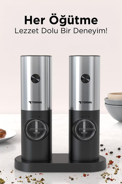 Torima KYMQ-16-BS Siyah Pilli Işıklı Otomatik Yeni Nesil Tuz Karabiber Değirmeni Baharat Öğütücü