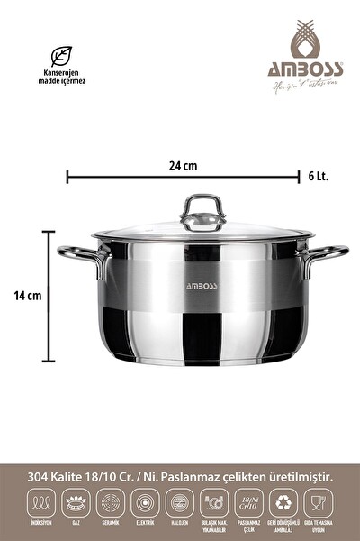 Amboss Saphire Paslanmaz Çelik 24 CM Çelik Kapaklı Derin Tencere