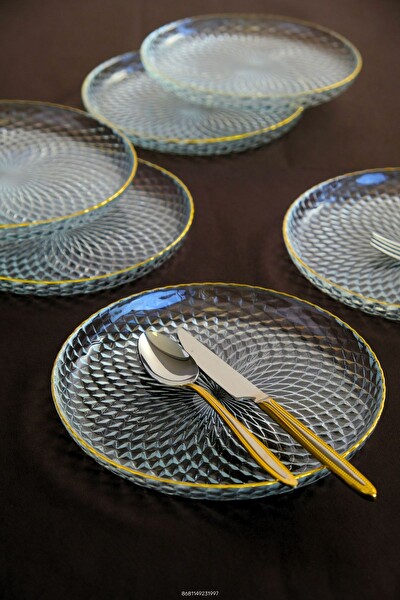 Tabak Evi Altın Yaldız Cam Pasta Tabağı 19 CM 6'lı 2339