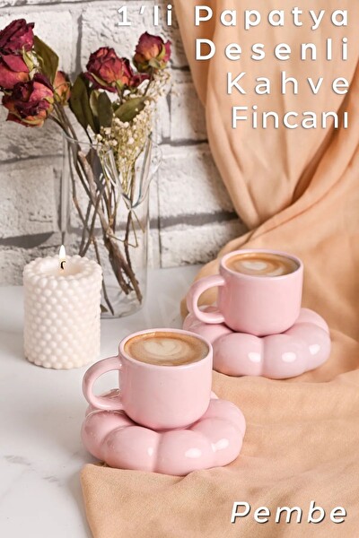 Mithra Life 2 Adet 95 ML Papatya Şekilli Seramik Pembe Türk Kahvesi Fincan Takımı MIT1159