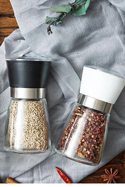 Kitchen Design Lab Baharat Öğütücüsü, Cam Gövdeli Kapaklı 10 CM 2 Adet Siyah Beyaz Tuz Karabiber Değirmeni