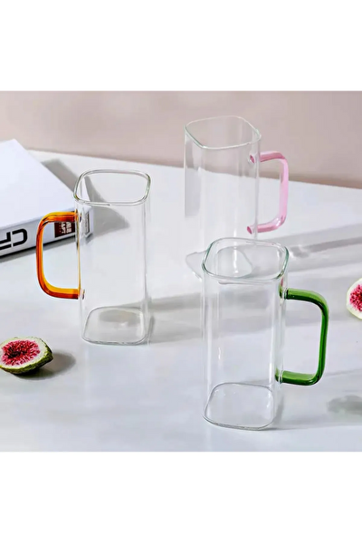 Kitchen Design Lab Yeni Stil Turuncu Renkli Borosilikat Cam Kare Kahve Kulplu Kupa 350 ML 2 Adet 2950