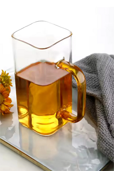 Kitchen Design Lab Yeni Stil Turuncu Renkli Borosilikat Cam Kare Kahve Kulplu Kupa 350 ML 2 Adet 2950