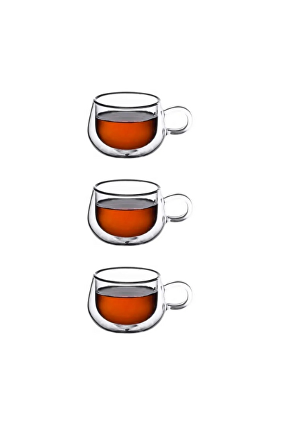 Kitchen Design Lab Yeni Tasarım Çift Cidarlı 200 ML Kulplu Cam Bardak 3 Adet 2673