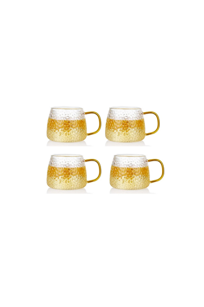 Kitchen Design Lab Ezme Dövülmüş Desen Kupa Sarı Kulplu 350 ML Cam Fincan 4 Adet